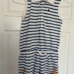 Striped Sleeveless Polo Romper with Embroidered Flowers